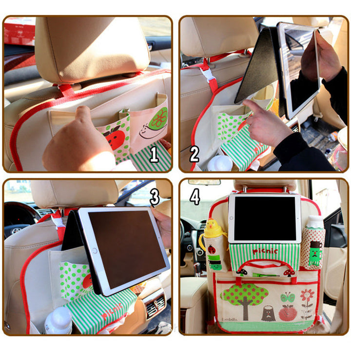 Kinder Auto Organizer mit integrierter Tablethalterung für unterhaltsame Autofahrten der Kinder.
