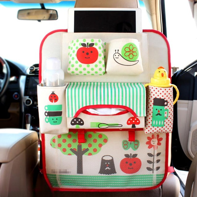 Vielseitiger Kinder Auto Organizer mit Tabletfach, Flaschenhalter und diversen Aufbewahrungstaschen.