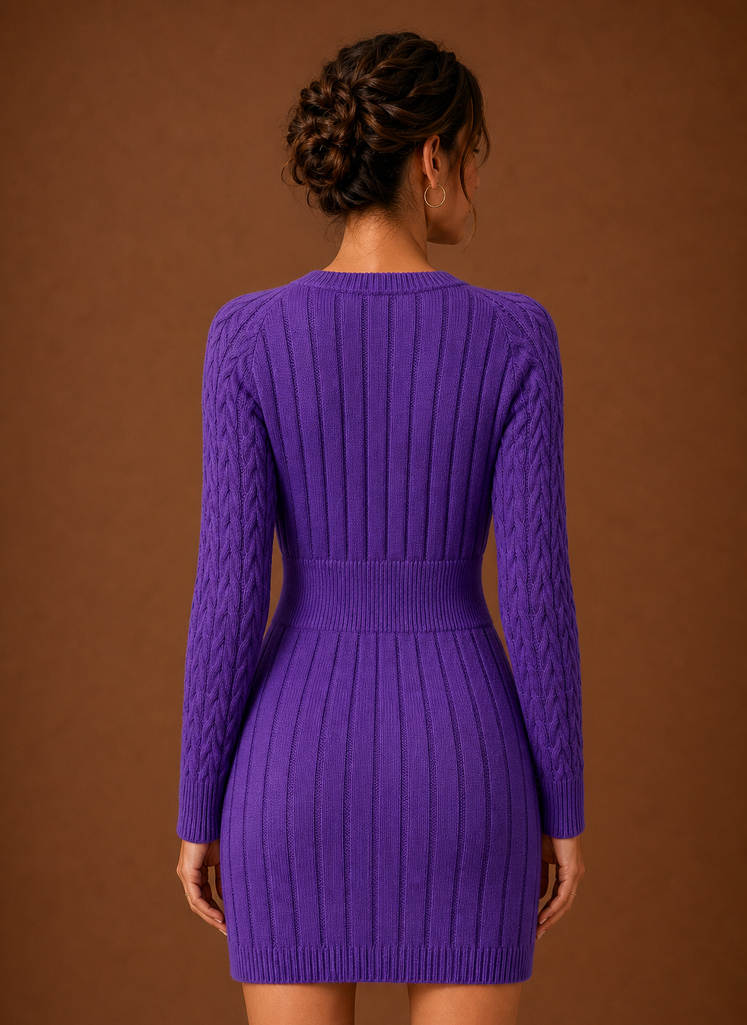 Vielseitiges weißes Damen Minikleid, Zopfmuster, lange Ärmel, für Herbst-Winter.