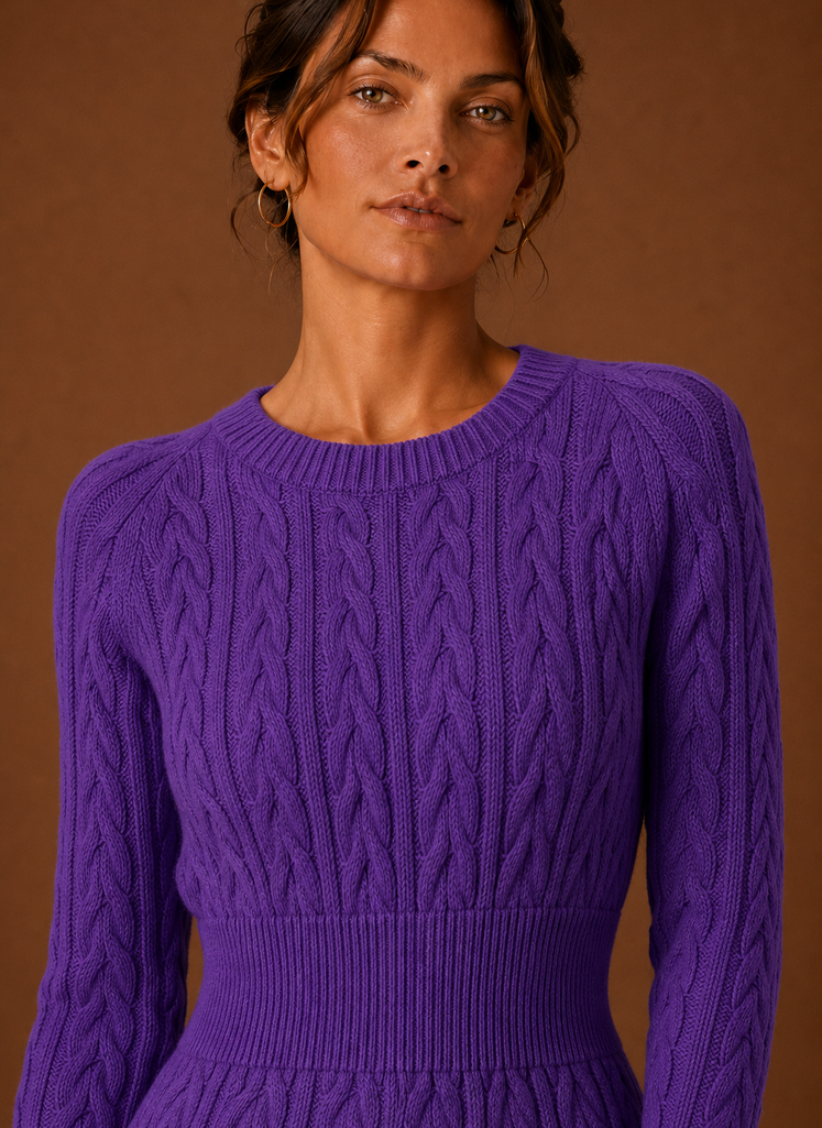 Elegantes lila Damen Minikleid mit Zopfmuster, Strickkleid, perfekt für kalte Abende.