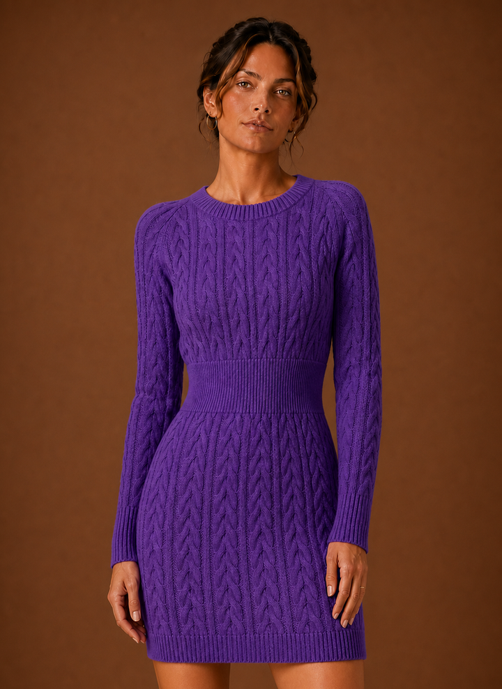 Lila Damen Minikleid mit Zopfmuster und langen Ärmeln, chic und warm.