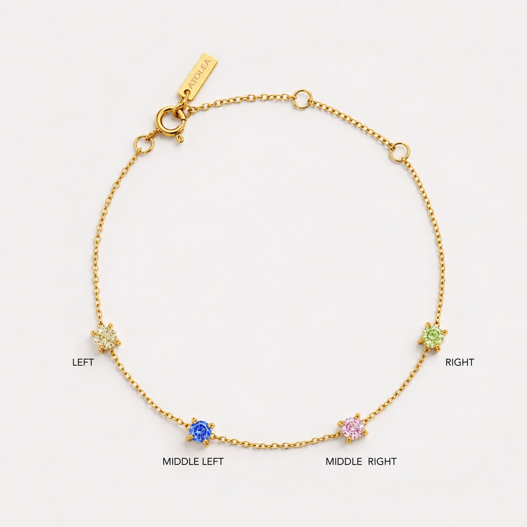 Nahaufnahme: Personalisiertes Damenarmband Gold mit Zirkonia Geburtsstein, wasserfester Schmuck.