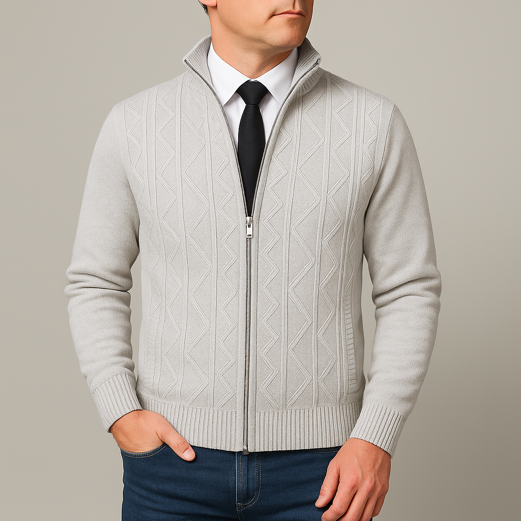 Warmer Herren Winterpullover Stehkragen Reißverschluss. Strukturierter Komfort-Pullover ideal für kalte Tage.