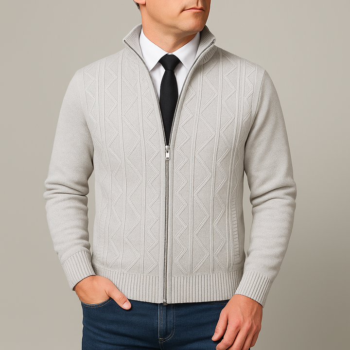 Warmer Herren Winterpullover Stehkragen Reißverschluss. Strukturierter Komfort-Pullover ideal für kalte Tage.