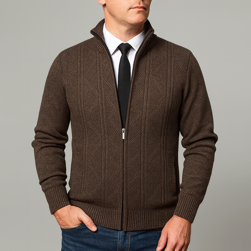 Herren Strickpullover Stehkragen Reißverschluss. Strukturierter Pullover bietet Komfort für Herbst & Winter.