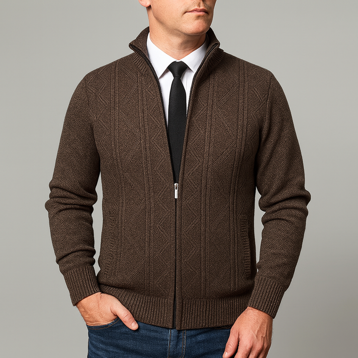 Herren Strickpullover Stehkragen Reißverschluss. Strukturierter Pullover bietet Komfort für Herbst & Winter.