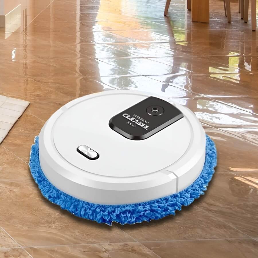 Automatischer Staubsaugerroboter navigiert durch die Wohnung, reinigt Hartböden & Teppiche selbstständig.