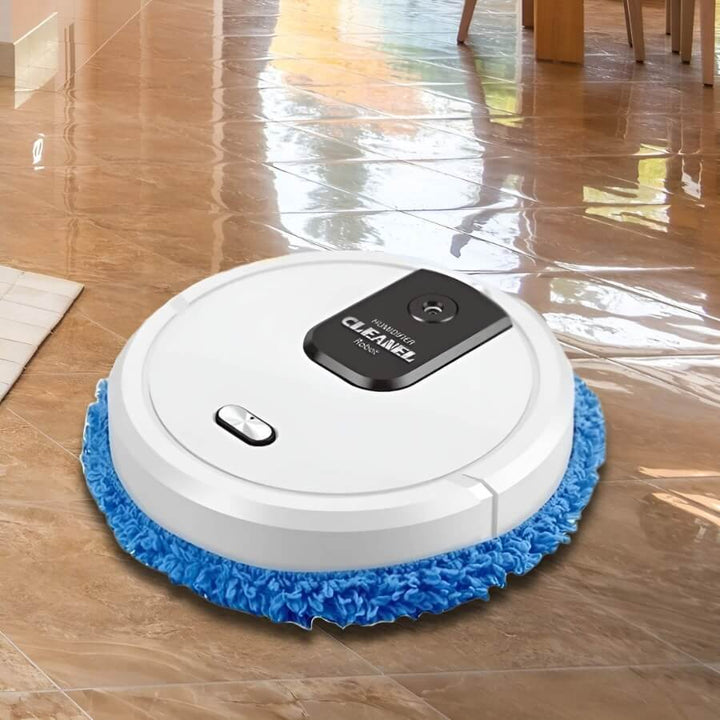 Automatischer Staubsaugerroboter navigiert durch die Wohnung, reinigt Hartböden & Teppiche selbstständig.