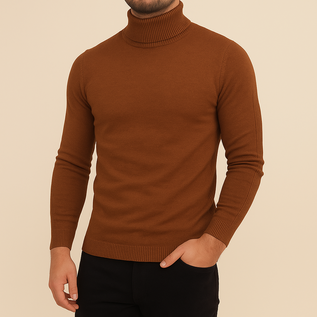 Herren Winterpullover mit Rollkragen und Slim Fit, perfekt kombiniert für einen modernen Business-Casual-Look.