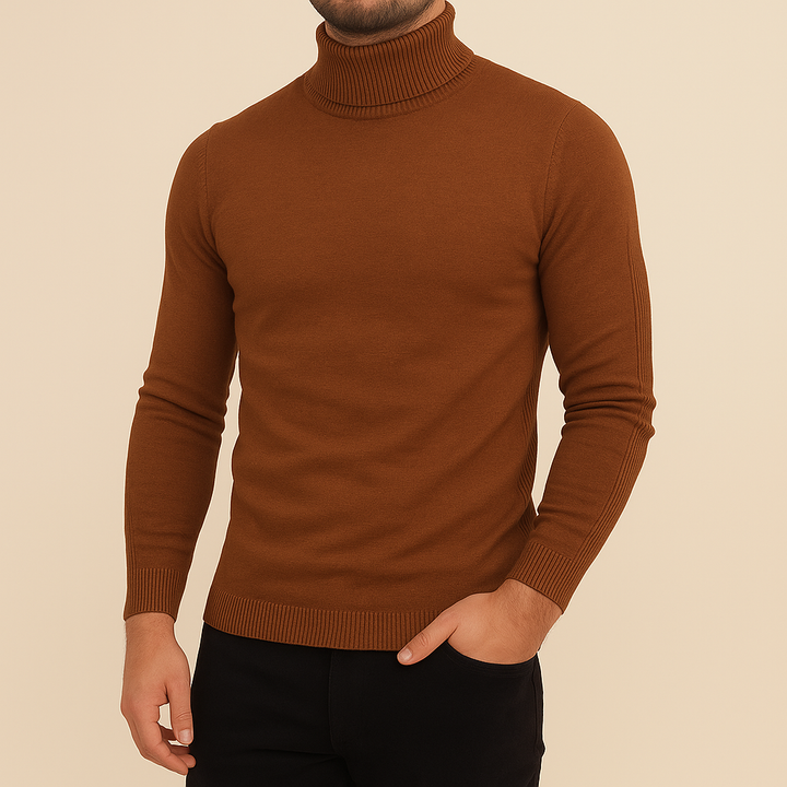 Herren Winterpullover mit Rollkragen und Slim Fit, perfekt kombiniert für einen modernen Business-Casual-Look.