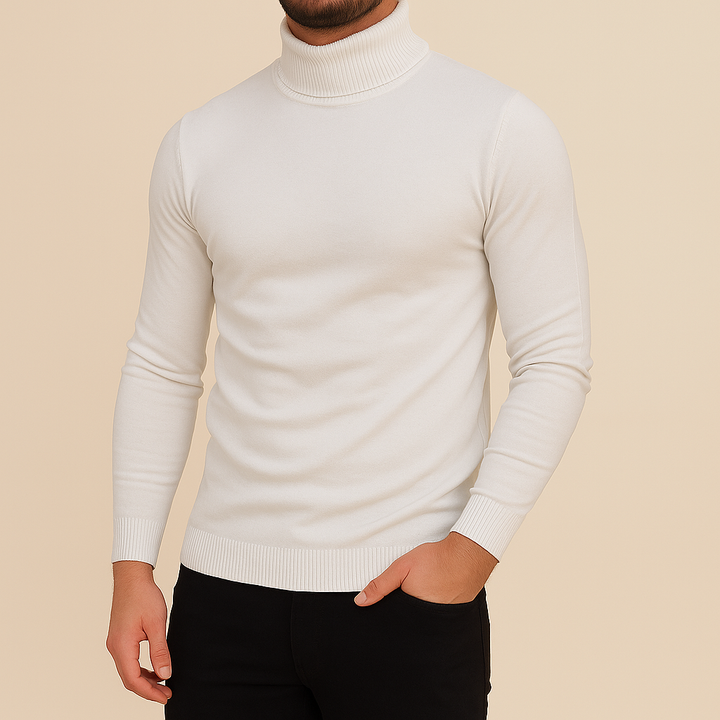 Eng anliegender Herren Strickpullover mit Rollkragen, Slim Fit, zeigt feine Textur und Wärme für Wintertage.