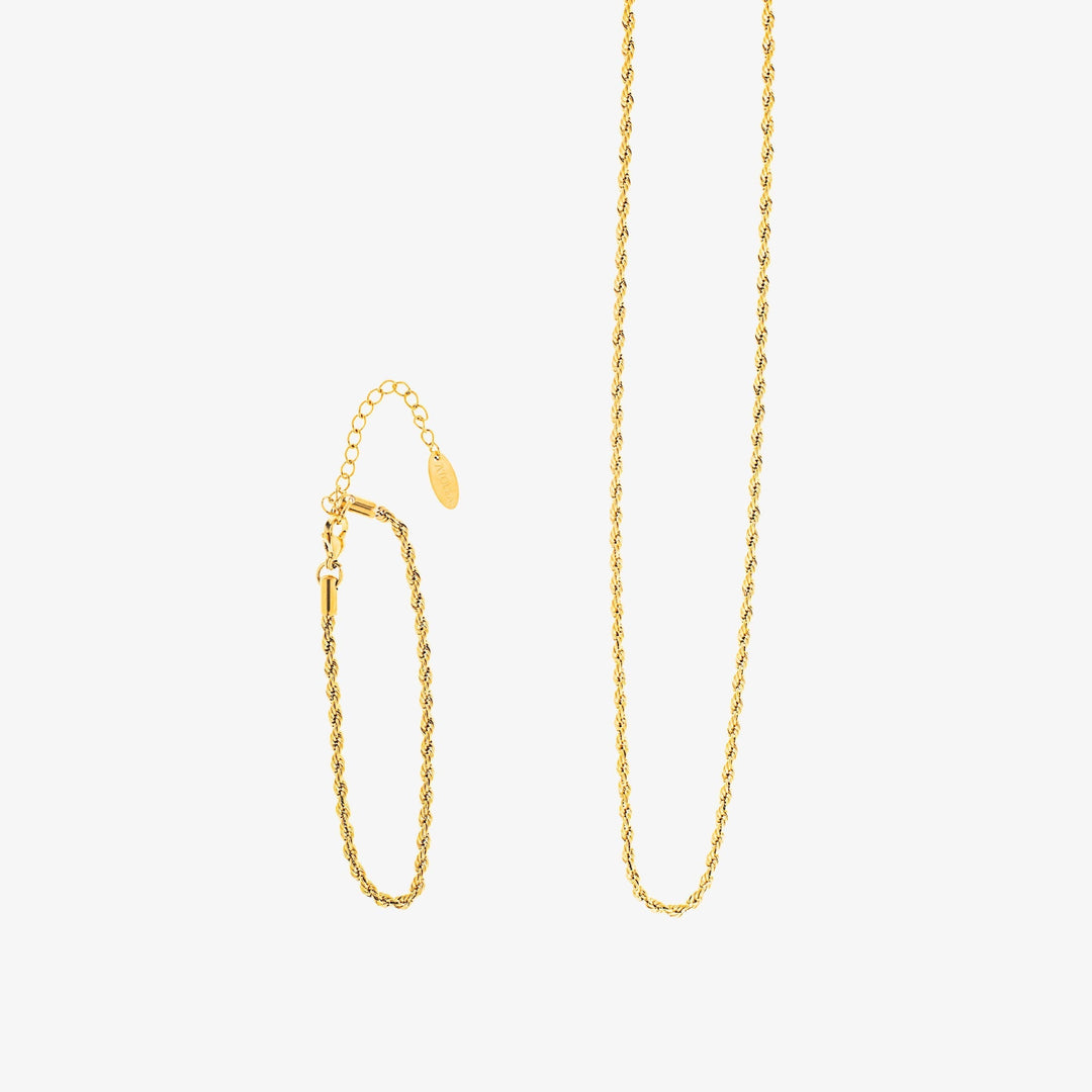 Elegantes Damen Gold Rope Schmuckset: wasserfeste Edelstahlkette & Armband. Hypoallergen & zeitlos.