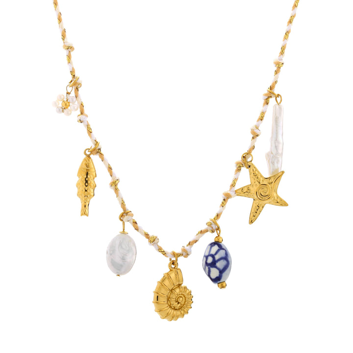 Modische Damen Gold Statement Halskette für den Sommer, maritimes Design mit Süßwasserperlen.