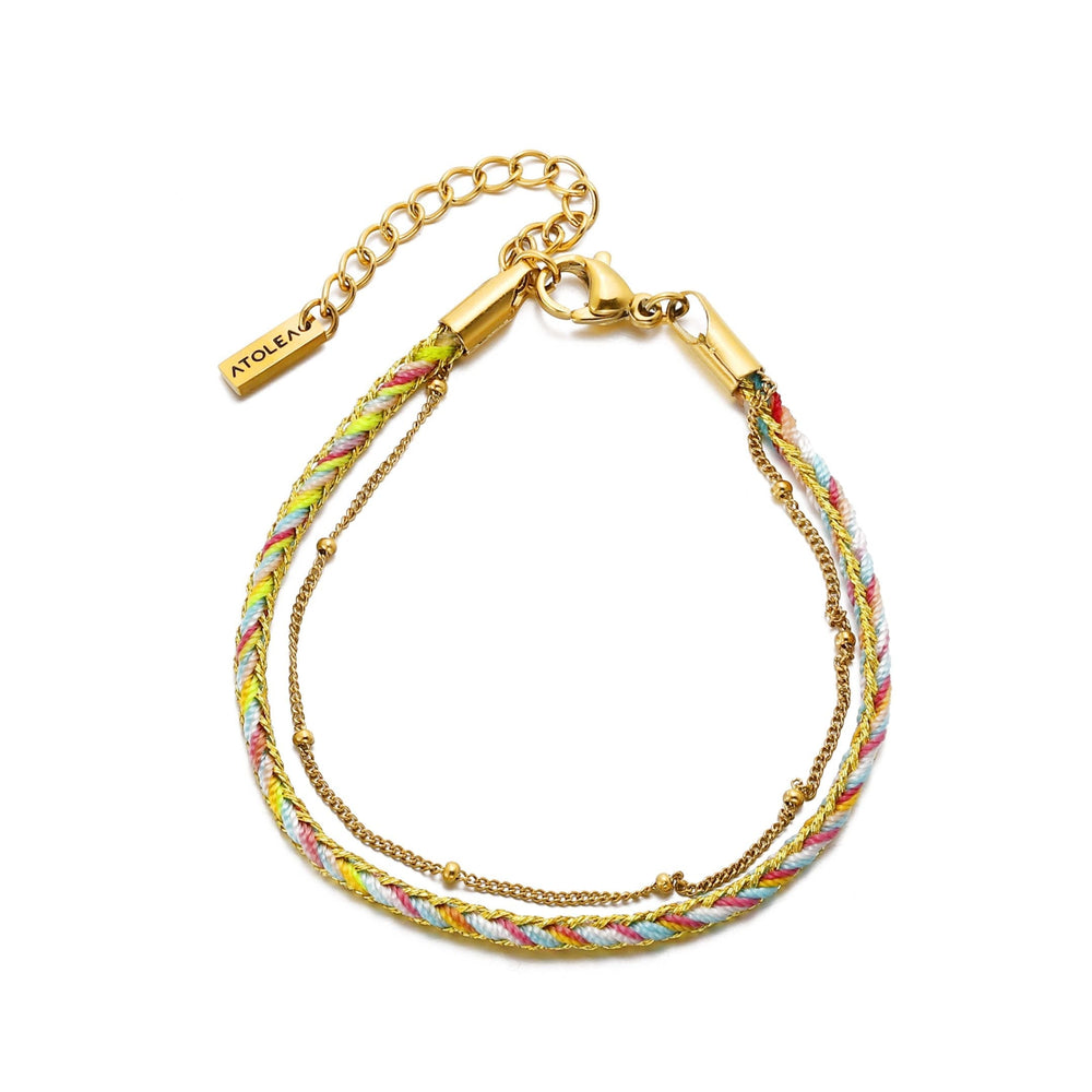 Elegantes Damen Armband in Gold-Grün-Kombination, mehrreihig. Wasserfester Modeschmuck aus Edelstahl, hypoallergen.
