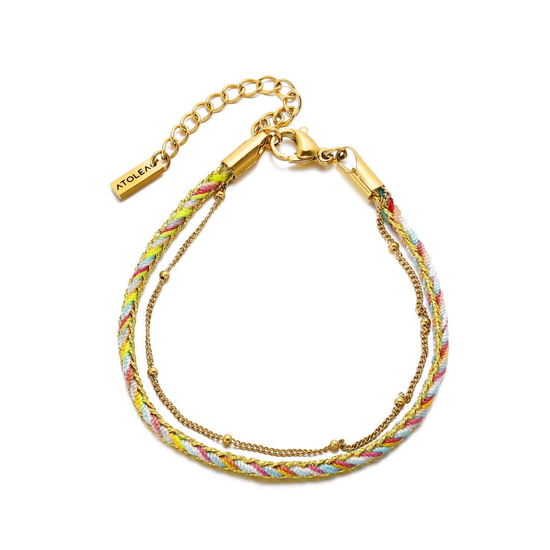 Elegantes Damen Armband in Gold-Grün-Kombination, mehrreihig. Wasserfester Modeschmuck aus Edelstahl, hypoallergen.