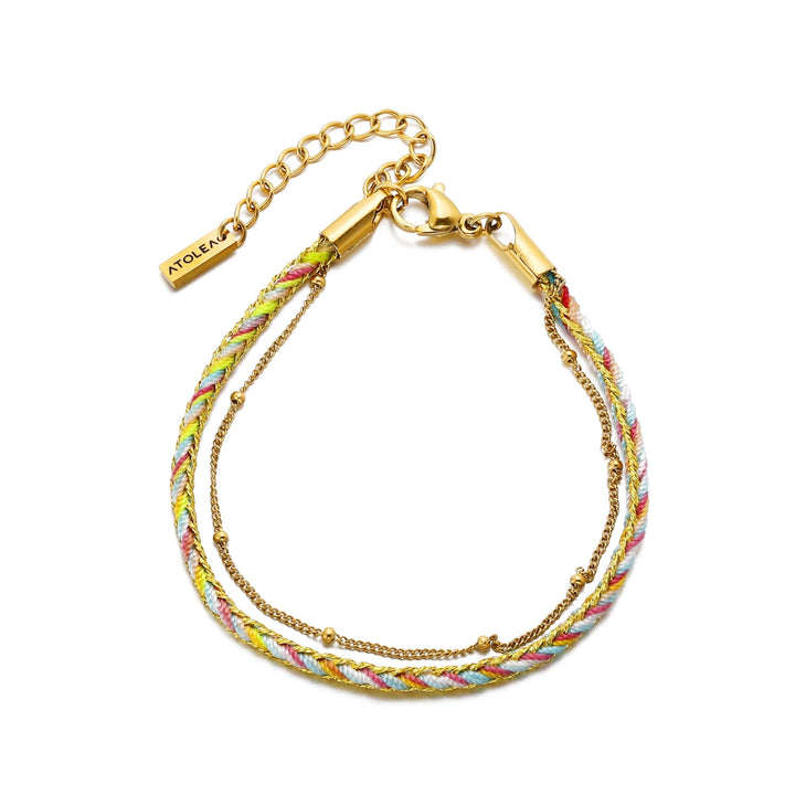 Elegantes Damen Armband in Gold-Grün-Kombination, mehrreihig. Wasserfester Modeschmuck aus Edelstahl, hypoallergen.