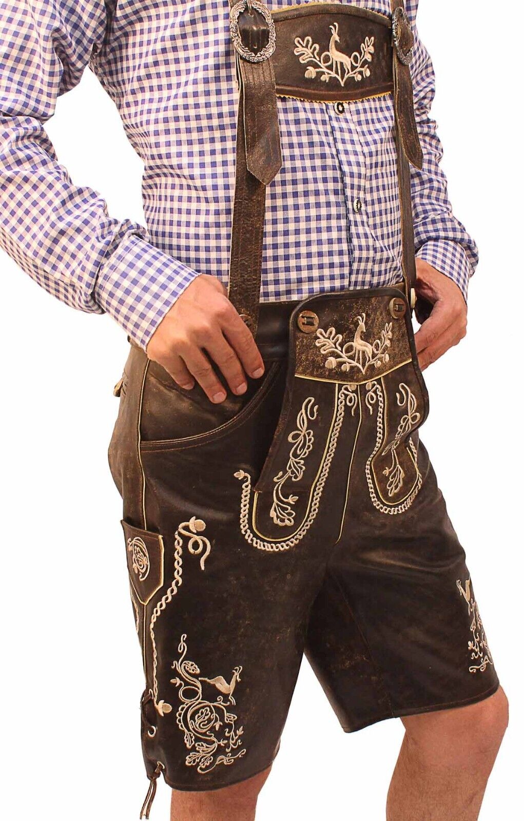 Hochwertige Herren Trachtenhose mit authentischen Stickereien und verstellbaren Trägern für das Oktoberfest.