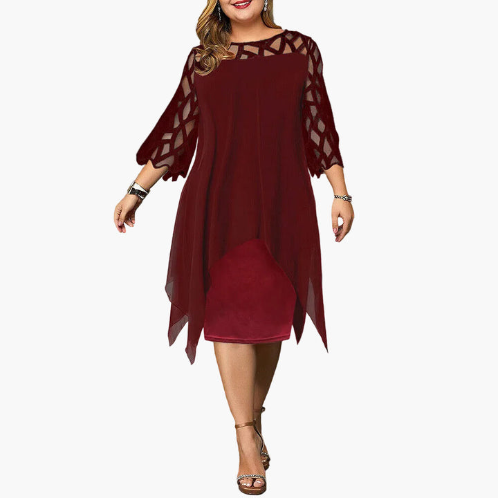 Stilvolles Damen Partykleid Übergröße mit fließendem Rock und Spitze an den Ärmeln. Ideal für Sommer.