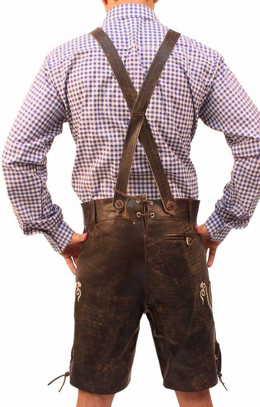 Traditionelle bayerische Trachtenhose Herren, mit detailreichen Stickereien & robusten Leder-Hosenträgern.