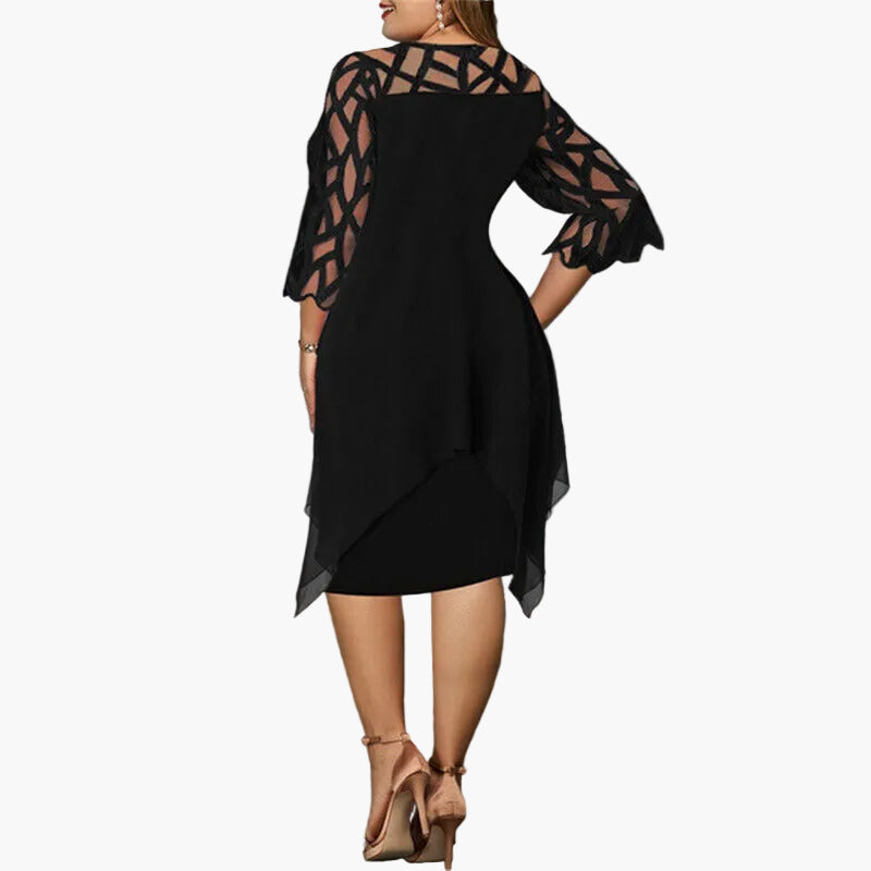Luxuriöses Damen Abendkleid Übergröße mit eleganten Spitzenärmeln. Ein stilvolles Midikleid für gehobene Anlässe.