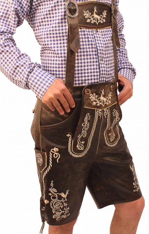 Klassische Herren Trachtenhose für Oktoberfest & Bierfest, mit feiner Stickerei und praktischen Hosenträgern.