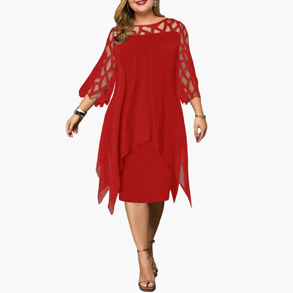 Damen Midikleid Übergröße für Hochzeitsgäste. Modernes Design mit feinen Spitzenärmeln und schmeichelndem Schnitt.