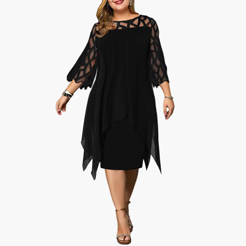 Damen Abendkleid Übergröße mit edlen Spitzenärmeln. Ein schickes Midikleid für festliche Events.