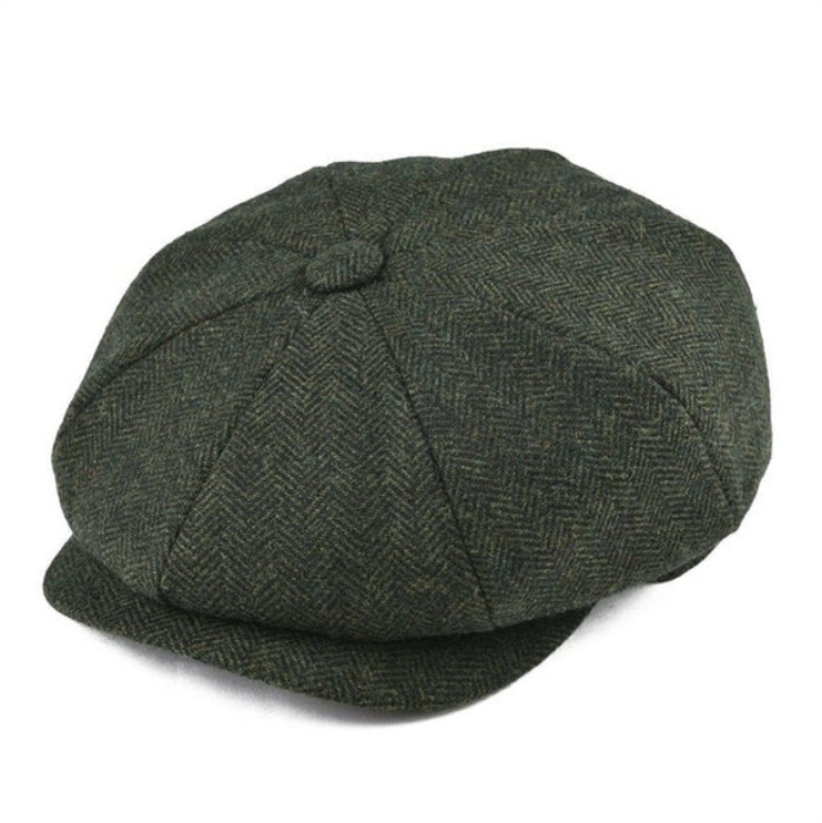 Herren Casual Kappe: dunkelbraune Schiebermütze im Vintage-Stil mit Fischgrätmuster.