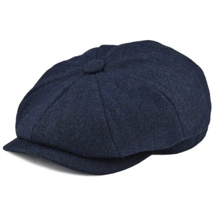 Vintage Herren Schiebermütze mit Fischgrätmuster in Tweed-Optik, verstellbar und casual.