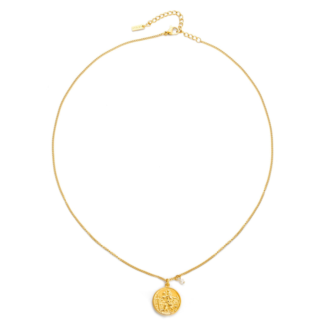 Goldene Damenhalskette als Medaillon-Anhänger mit weißer Süßwasserperle, feiner Schmuck.