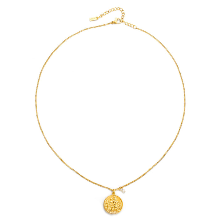 Goldene Damenhalskette als Medaillon-Anhänger mit weißer Süßwasserperle, feiner Schmuck.
