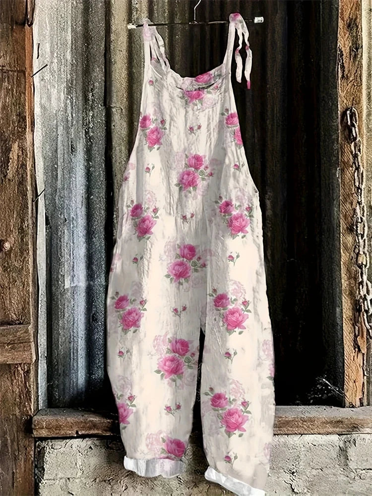 Vielseitiger Damen Jumpsuit im Boho-Chic mit Blumendruck, für Freizeit, Strand und Abend.