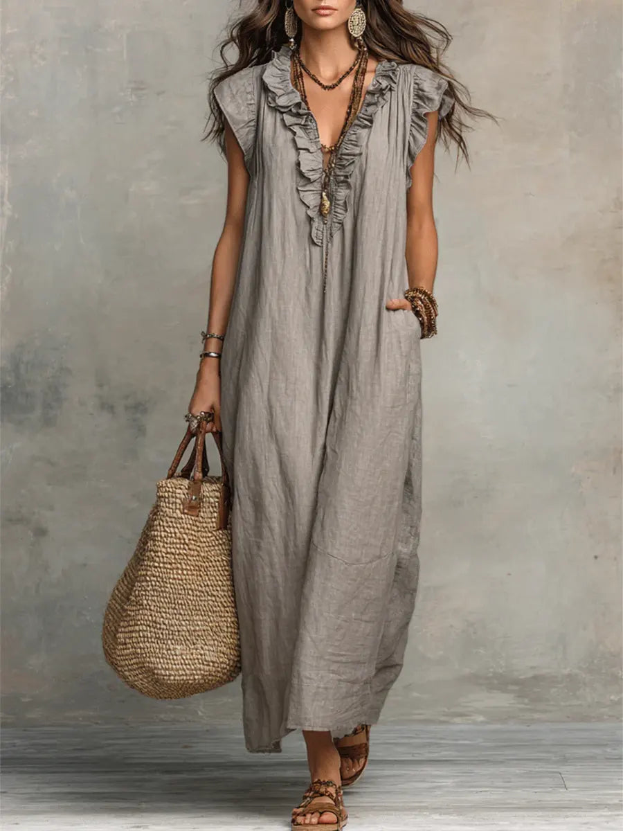 Elegantes Boho Damen V-Ausschnitt Maxikleid, bequem und lang. Ideal als Strandkleid oder für Freizeit.