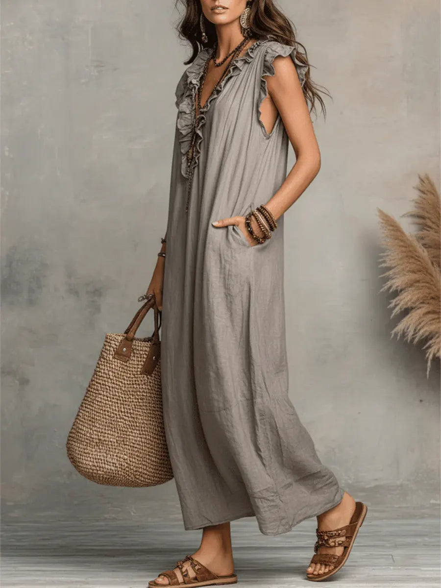 Modisches Damen Maxikleid mit V-Ausschnitt, lässig und ärmellos. Ein ideales Sommer-Freizeitkleid.