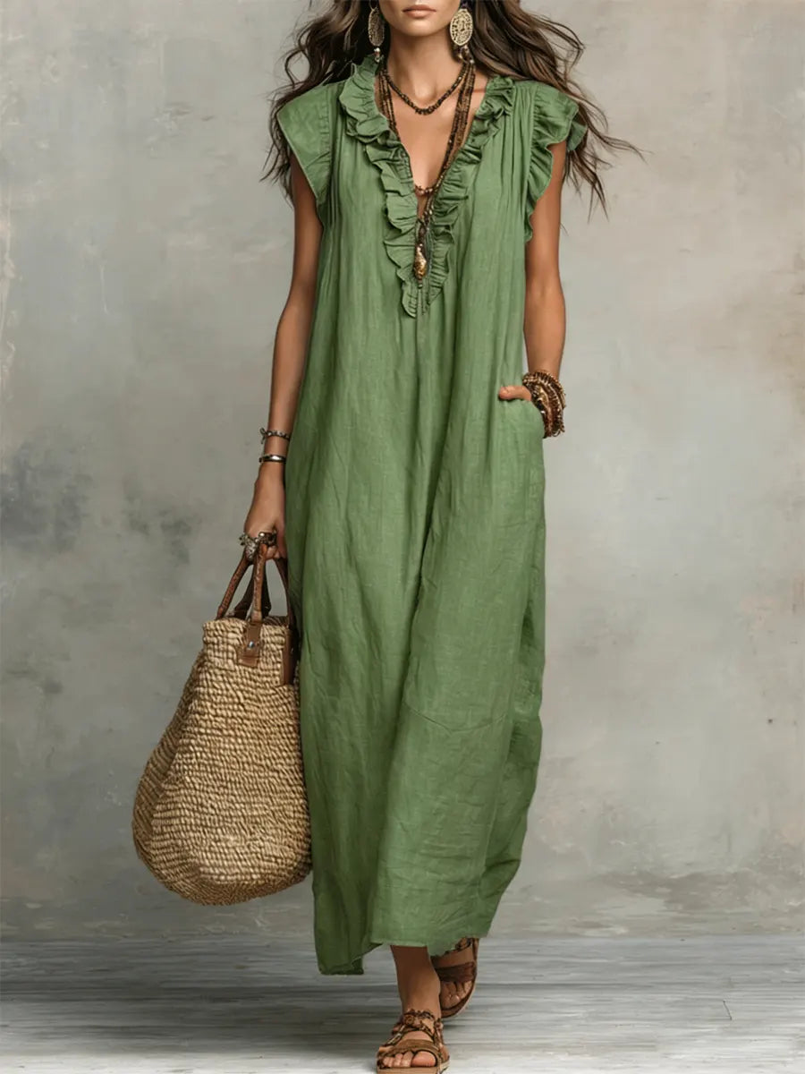 Elegantes Damen Freizeitkleid, ärmelloses Maxikleid mit V-Ausschnitt. Komfortables Sommer-Strandkleid für entspannte Tage.