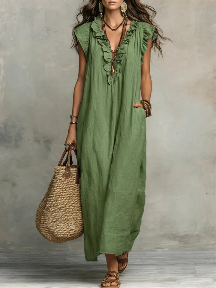 Elegantes Damen Freizeitkleid, ärmelloses Maxikleid mit V-Ausschnitt. Komfortables Sommer-Strandkleid für entspannte Tage.