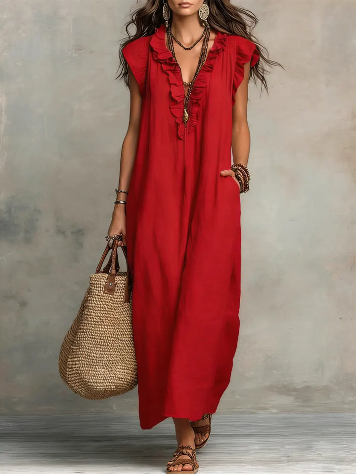 Boho-Stil Damen Maxikleid, ärmelloses V-Ausschnitt Sommerkleid. Langes, elegantes Freizeitkleid für Damen, sehr komfortabel.