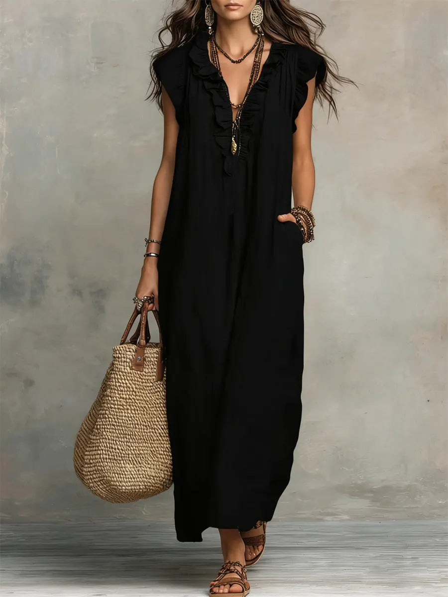 Damen Sommer Maxikleid mit V-Ausschnitt, ärmellos. Komfortables & fließendes Freizeitkleid für den Strand oder lässige Anlässe.