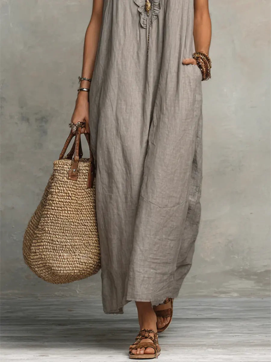 Boho-Chic Damen Maxikleid, ärmellos, V-Ausschnitt. Lässiges, bequemes Sommer- und Strandkleid.