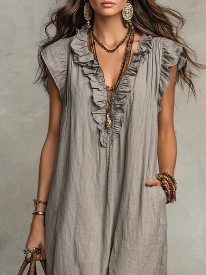 Vielseitiges Damen Maxikleid, V-Ausschnitt. Elegant und lässig für Freizeit, Strand oder als Sommerkleid.