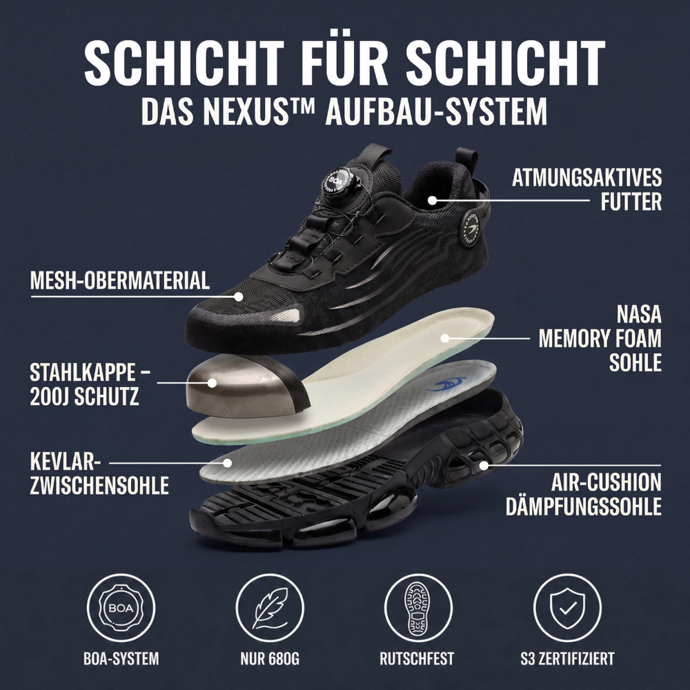 Robuster S3 Arbeitsschuh für Herren mit Schutzfunktion, seitliche Ansicht.