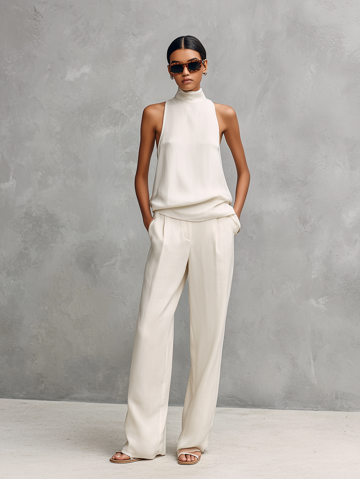 Bequemes Damen Sommer Lounge Set aus weichem Stoff, bestehend aus ärmellosem Oberteil und langer Hose für Freizeitmode.