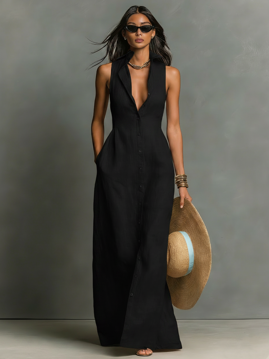 Zeitloses Damen Maxikleid, schlicht und ärmellos, vielseitige Eleganz als Herbstkleid für jede Figur.