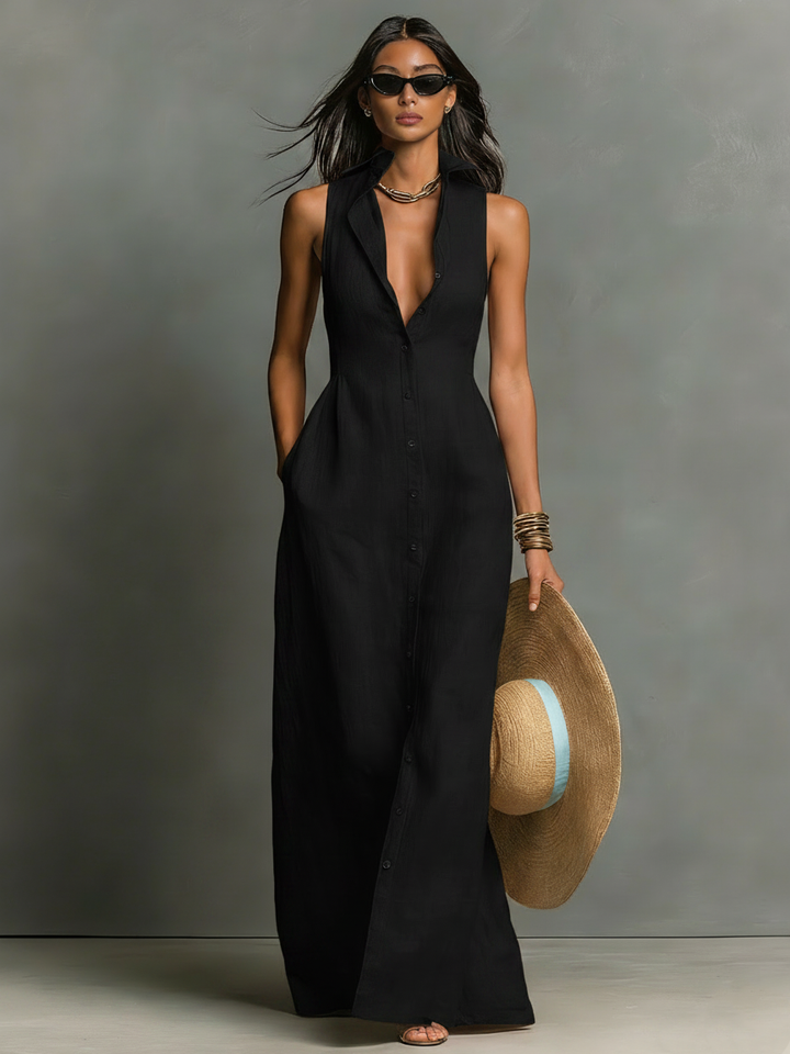 Zeitloses Damen Maxikleid, schlicht und ärmellos, vielseitige Eleganz als Herbstkleid für jede Figur.