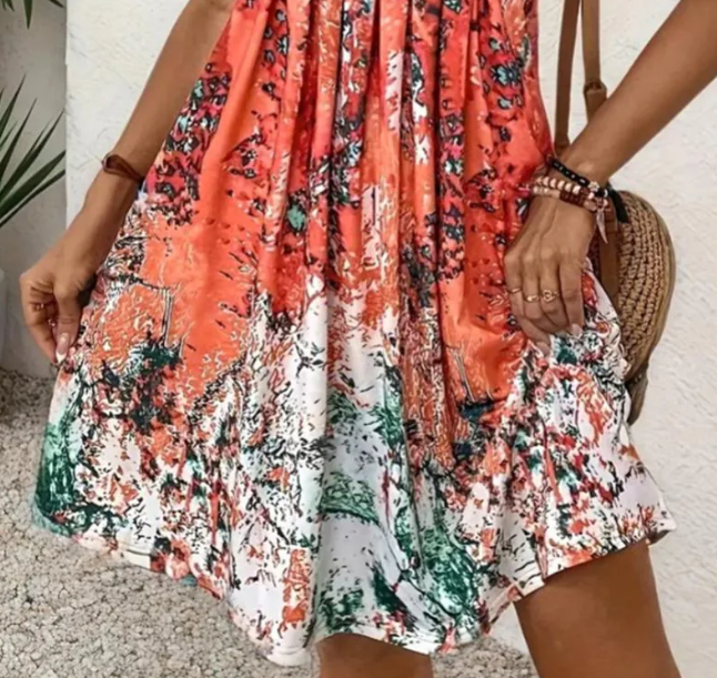 Ärmelloses oranges A-Linien Minikleid für Damen, mit modischem Printmuster, ideal als schickes Freizeitkleid.