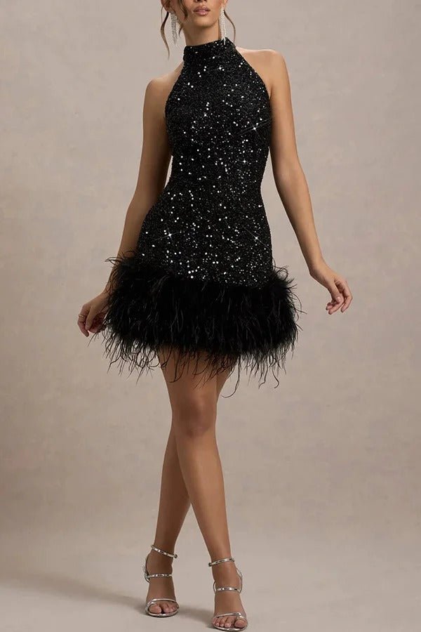 Glitzerndes Neckholder Partykleid für Damen. Festliches Pailletten Minikleid, glamourös & schick.