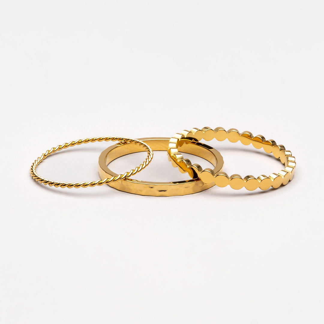 Damen Ring Set 3-teilig: gehämmerter, gedrehter & Perlenring aus Edelstahl, wasserfest & hypoallergen.