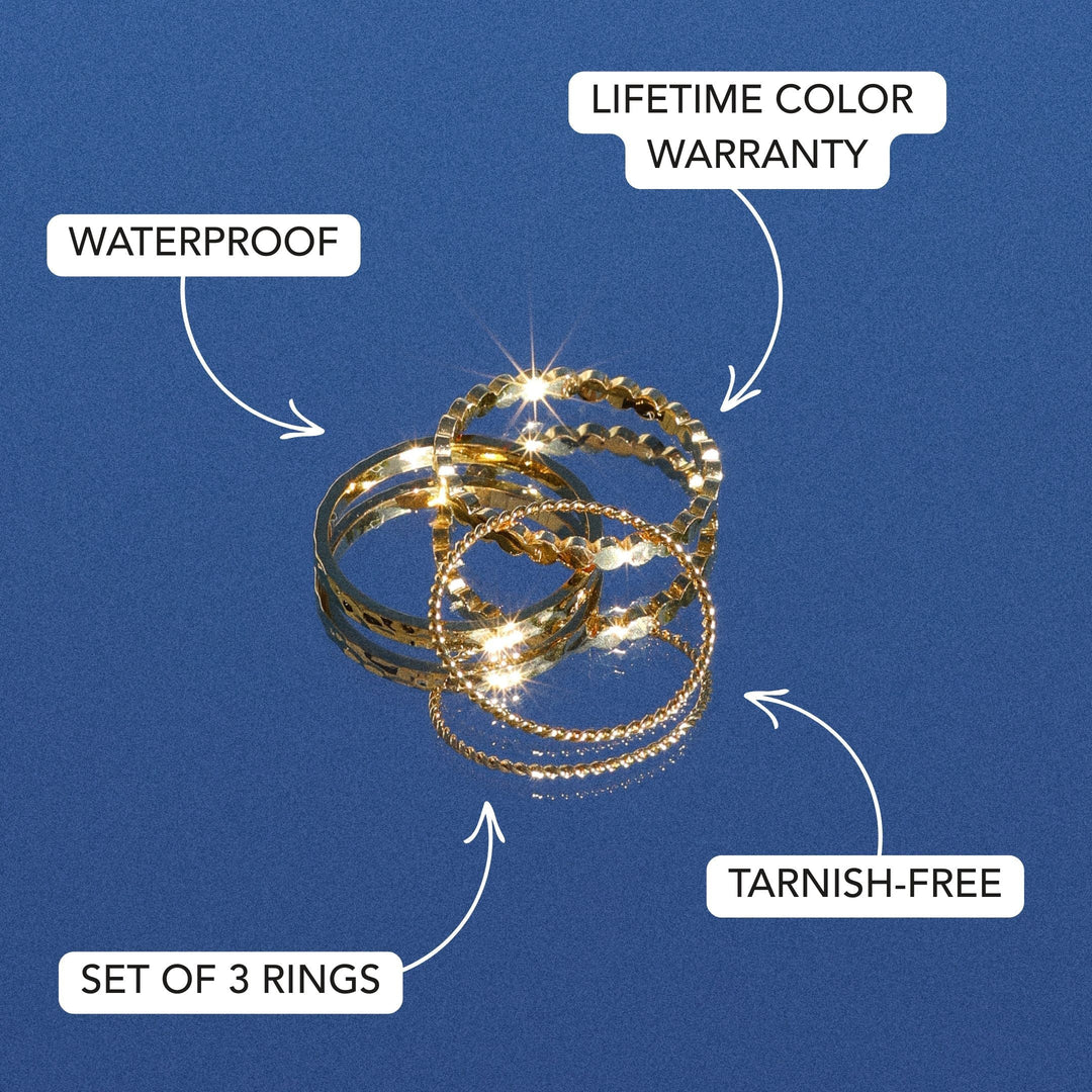 Modernes 3-teiliges Damen Ringset aus hypoallergenem Edelstahl, mit einzigartigem gehämmertem Look.