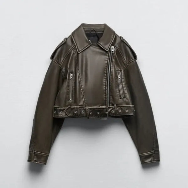 Elegante kurze Damen Bikerjacke, perfekt für Frühling & Herbst, mit Statement-Reißverschluss.