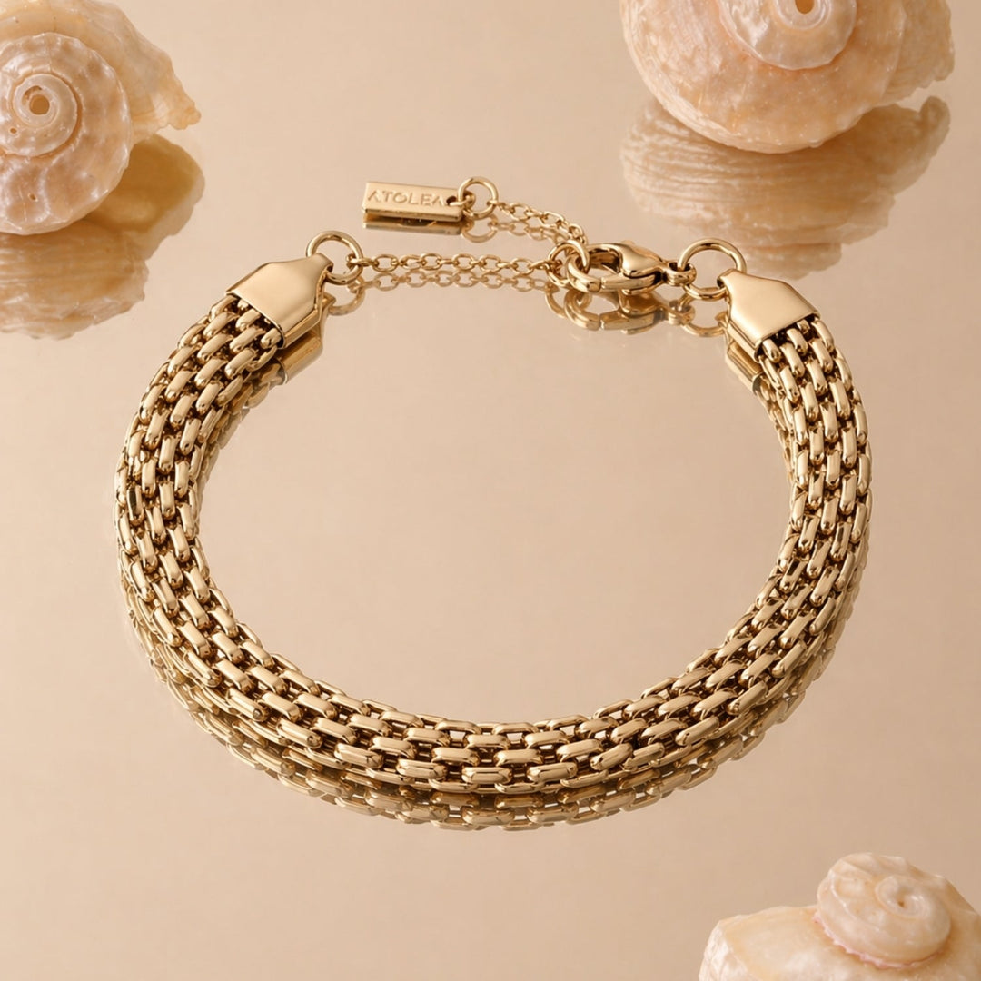 Hypoallergenes Damen Flechtarmband in Gold- & Silber-Optik, verstellbar und bequem.